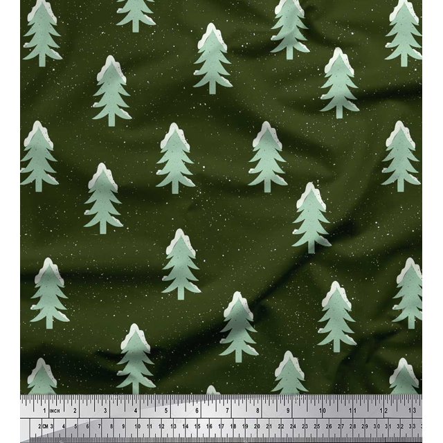 Soimoi Green Silk Fabric Christmas Tree Print Fabric by Yard 42 Inch Wide