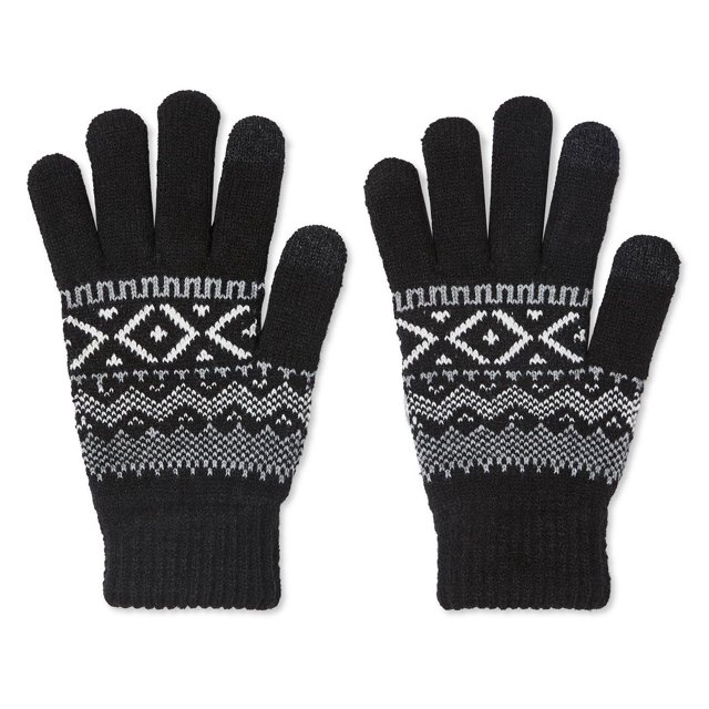 George Men's Fair Isle Gloves in black knit fabric with white and grey all-over Fair Isle pattern, ribbed cuffs, and touchscreen-compatible fingertips, designed for warmth and casual wear, laid flat on a white background.