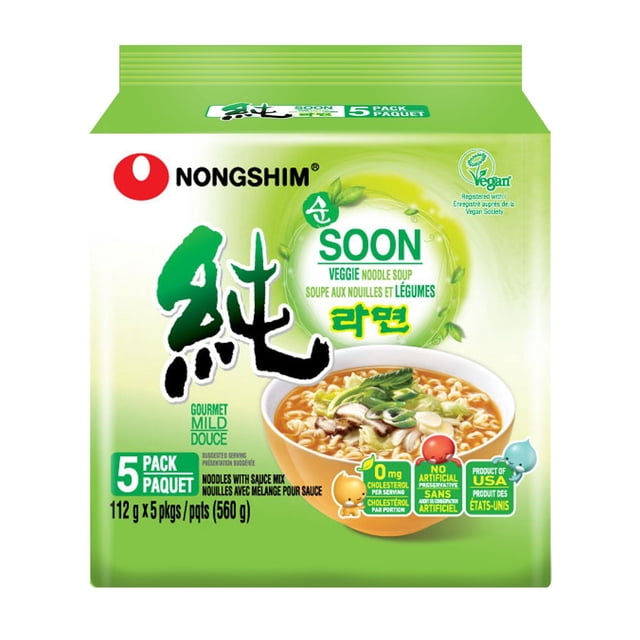 Nongshim Soon Veggie Noodle Soup 5-pack box with green and white packaging showing a bowl of mild vegetable noodle soup with mushrooms and greens, vegan certified, no artificial preservatives, and zero cholesterol, ideal for a light, savory instant soup.