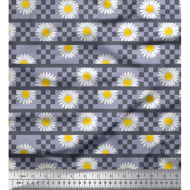 Soimoi polyester Crepe Fabric Stripe,Square & Daisy Floral Decor Fabric Printed Yard 52 Inch Wide