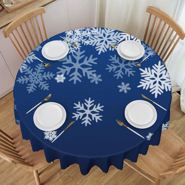 Tablecloth Snowflake Blue Winter Christmas Round 60 x 60 Inch Table Cover Polyester Stain and Wrinkle Resistant Table Cloth for Kitchen Dining Coffee Party