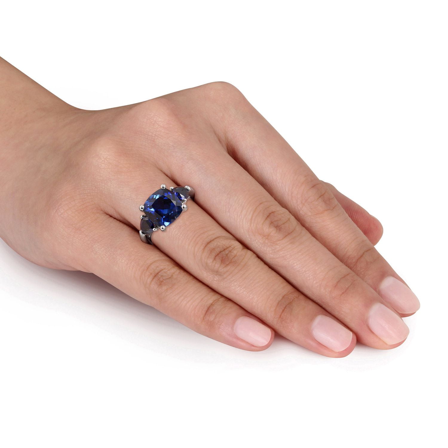 Bague à trois pierres Tangelo avec saphirs bleus synthétiques 7-1/10 CT PBT en argent sterling