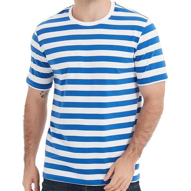 LEFU Chemises Décontractées Homme Manches Courtes Rayé Bleu Blanc Polyester T-Shirt Été Vacances Voyage Chandail de Base Col Rond (2TG)