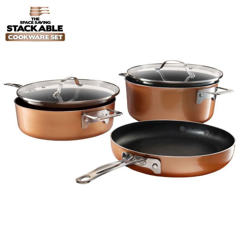 Gotham Steel Stackmaster Copper 5 Piece Nonstick Aluminum Cookware Set Dishwasher and Oven Safe