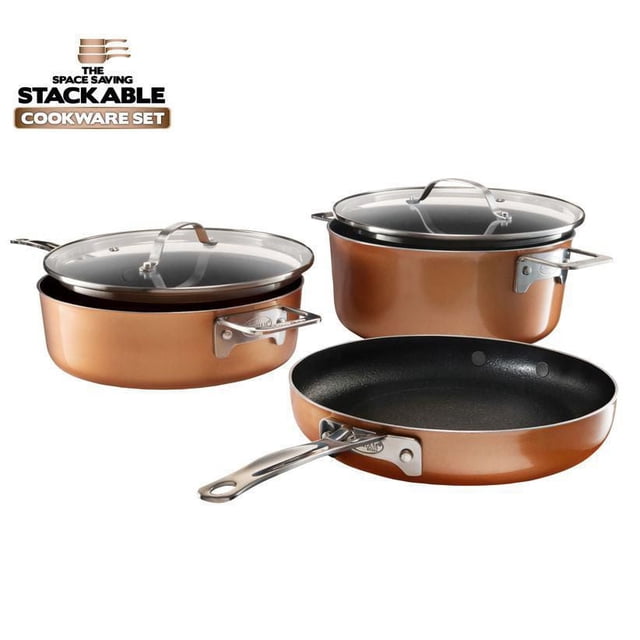 Gotham Steel Stackmaster Copper 5 Piece Nonstick Aluminum Cookware Set with a 10-inch fry pan featuring black ceramic nonstick interior, two stackable copper-colored saucepans with glass lids and stainless steel handles, designed to save 25% kitchen space and compatible with all stovetops including induction.