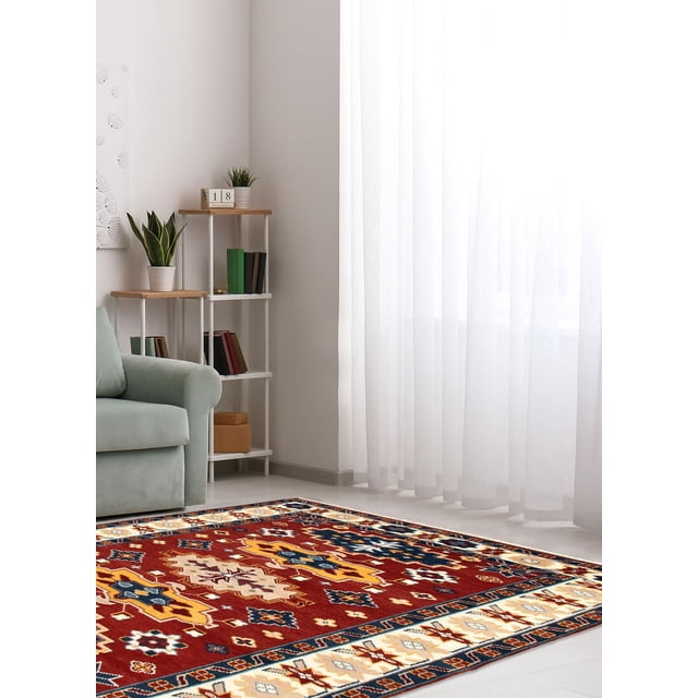 ECARPETGALLERY 100% Wool Traditional Indoor Area Rug with bold geometric Kazak designs in red, yellow, blue, and cream, placed on a light floor in a bright living room featuring sheer white curtains, a pale green sofa, and a white shelf with plants and books, ideal for entrance, bedroom, living, or dining rooms.