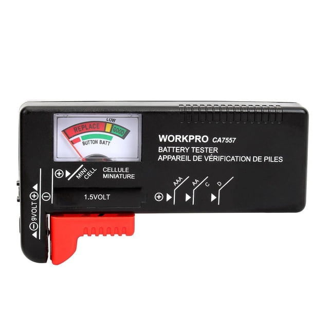 WorkPro Battery Tester with black casing and red adjustable slider, featuring a color-coded analog meter indicating battery power level from replace to good, designed for testing AA, AAA, C, D, 9V, and 1.5V button cell batteries, ideal as a household battery tester to quickly check battery status.