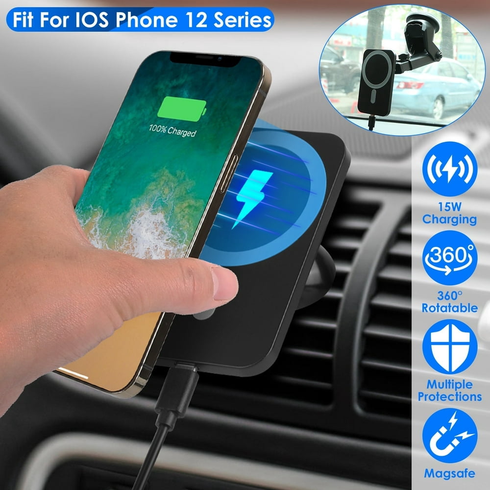 Magnetic Wireless Car Mount Charger  MagSafe Car Phone Mount Air Vent Holder  15W Wireless Charger Fit for IOS Phone 12/13/14 Series and QI-Enabled Phones with Metal Magnet Plate  Black
