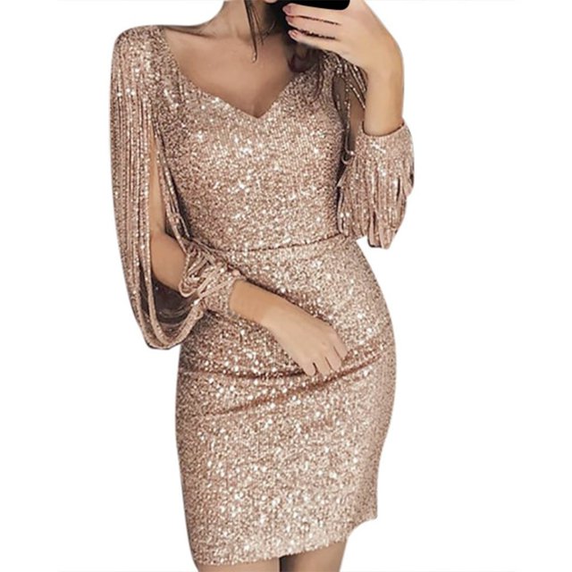 Femmes Sexy Solide Couture à Paillettes Brillant Club Gaine Manches Longues Mini Robe