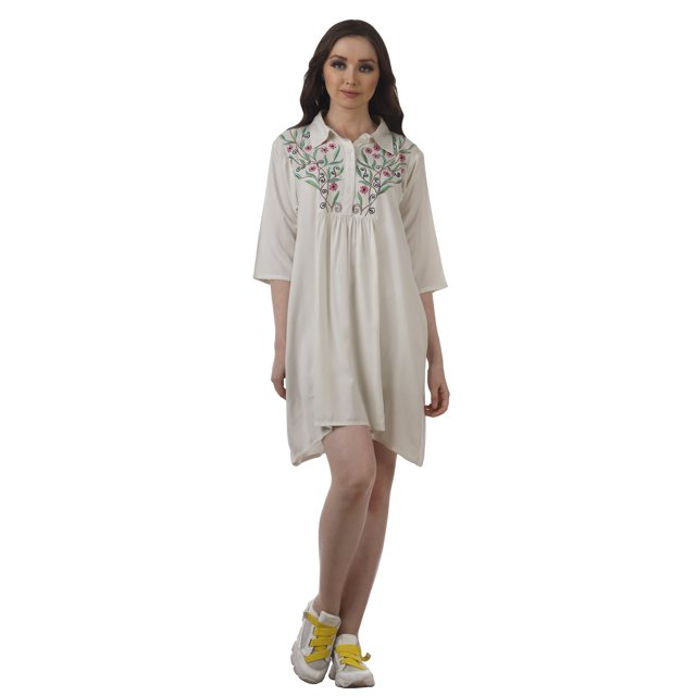 Moomaya Robe Décontractée Unie à Manches 3/4 pour Femmes Tunique en Rayonne Mini Robe