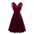 thumbnail image 2 of Penkiiy Robe pour Femme à Col en V Sans Manches Style Rétro en Velours Doré de Couleur Unie Robe Formelle m Rouge, 2 of 5