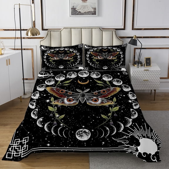 YST Couvre-Lit Boho Papillon Grand Lit Ensemble de Literie Hippie Animal, Ensemble de Couvre-Lit Phases de Lune Bohème Psychédélique Galaxie Espace Extra-Atmosphérique Ensemble de Courtepointe, Ensemble de Lit Étoiles Scintillantes