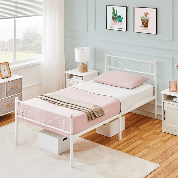 Yaheetech Graceful Scroll Metal Platform Bed Twin Bed with Headboard and Footboard, White