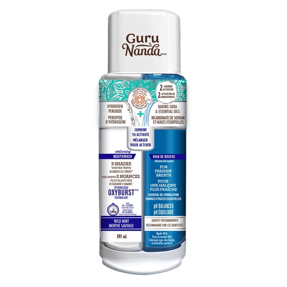 GuruNanda Teeth Whitening Dual Barrel Mouthwash with Essential Oils & Vitamins-Alcohol & Fluoride Free, Wild Mint