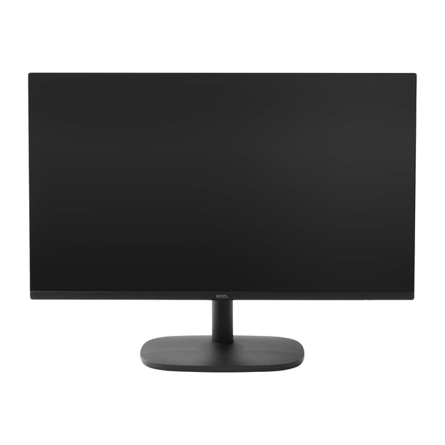 ONN.27 MONITOR front-facing 27-inch Full HD 1080p bezel-less LED display with slim black frame and rounded rectangular base, featuring HDMI connectivity and VESA mount compatibility, ideal for vibrant digital content and workspace efficiency.