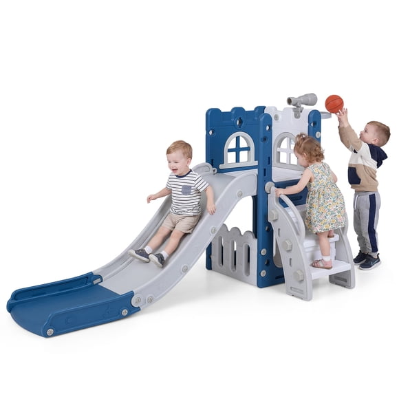 Costway Ensemble de Jeu de Glissade Intérieur 6-en-1 pour Enfants avec Panier de Basketball, Télescope, Échelle d'Escalade Bleu