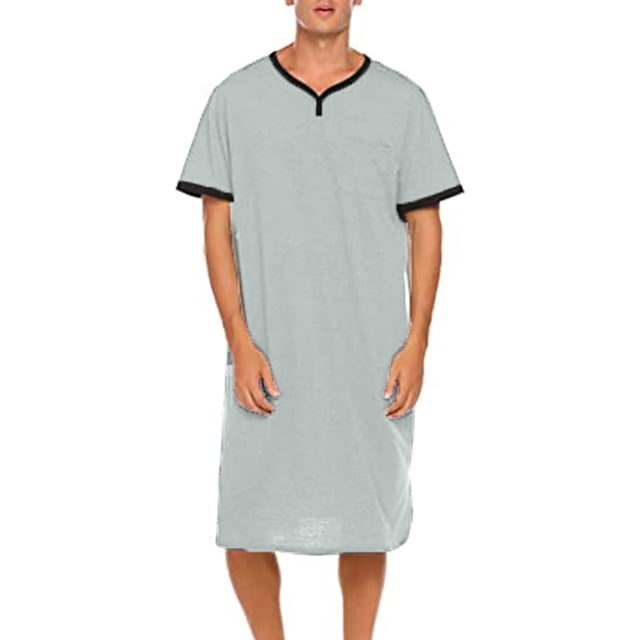 Chemise de Nuit Texturée en Coton pour Hommes, Robe de Nuit à Manches Courtes, Longue Robe, Blouse à Col en V, Haut de Pyjama, Coupe Ample et Décontractée, Confort, Chemise de Nuit Décontractée avec Poches