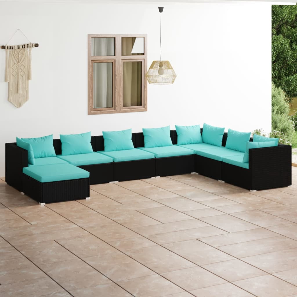 vidaXL 8 Piece Garden Lounge Set with Cushions Poly Rattan Black