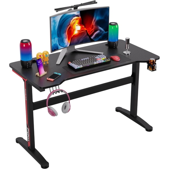 FDW Writing Office Student PC Desk Extra Large Modern Ergonomic Racing Style Table Workstation Carbon Fiber Cup Holder Headphone Hook, Red