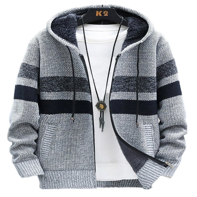 Chandails à Capuche Zippés pour Hommes à Manches Longues, Cardigan en Tricot à Imprimé Rayé