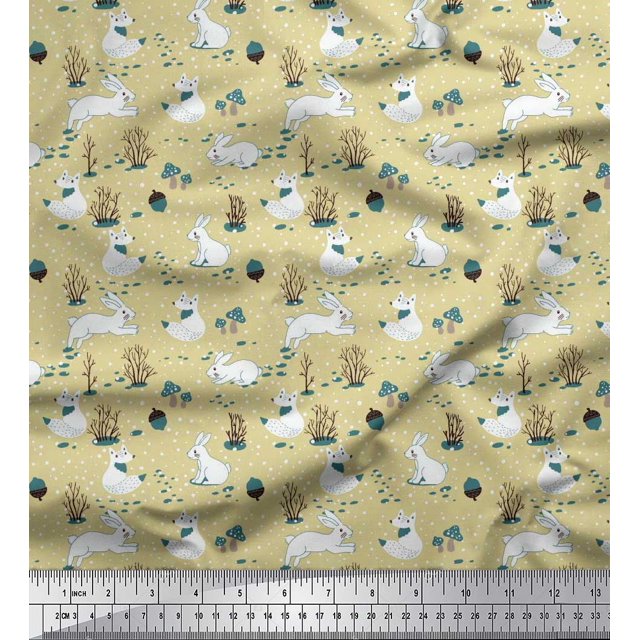 Soimoi Beige Crepe Silk Fabric Mushroom,Oaknut & Rabbit Animal Printed Craft Fabric by The Yard 42 Inch Wide