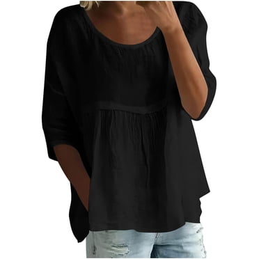 Lenpel Hauts pour Femmes en Coton et Lin Manches 3/4 Col Ras du Cou Couleur Unie T-Shirts Babydoll Décontractés Tuniques Amples Blouses (Noir, Grand)