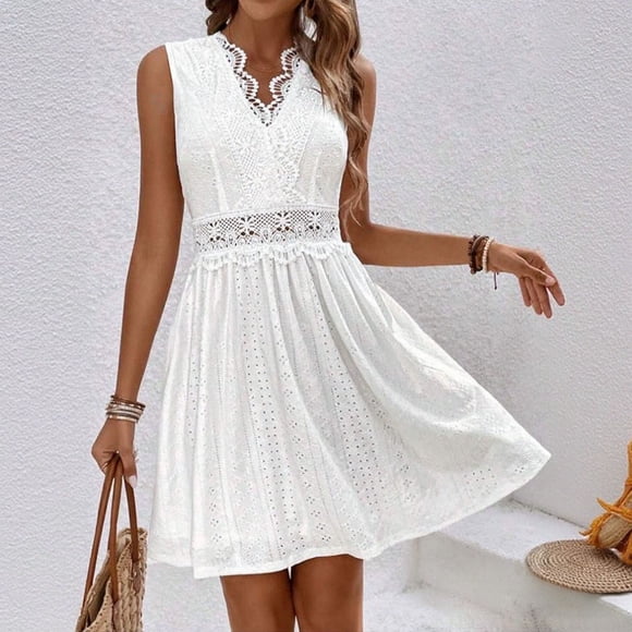 Neewe Summer Midi Sundresses for Women Loose Plain V Neck Sleeveless Tunic Waist Casual Knee Length Ruff Hem Dress