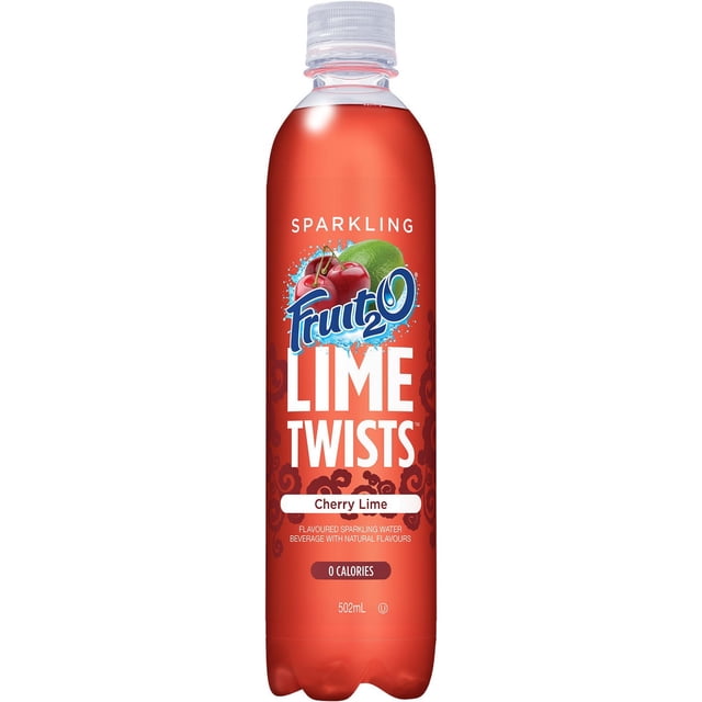 Fruit2O Cherry Lime Twist sparkling water bottle with red label featuring cherries and lime, 502ml size, zero calories, natural fruit flavours, and caffeine-free sparkling water beverage suitable for refreshing hydration and calorie-conscious consumers.