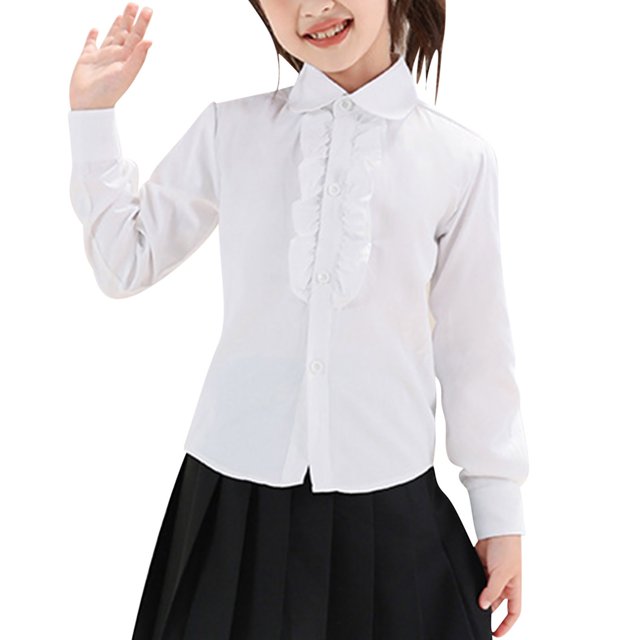 Uniform Shirts for Girls Ruffle Princess Lace Collar Long Sleeve Button Down Bowknot Blouse White 10-12 Years