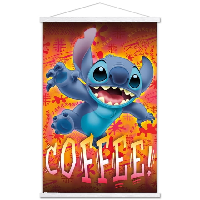 Disney Lilo and Stitch - Coffee Wall Poster, 22.375" x 34" featuring a front-facing animated Stitch character in blue with large eyes and open mouth, jumping excitedly on a vibrant orange and red background with Hawaiian-inspired patterns and smaller sketches of Stitch surfing, with bold stylized text 'COFFEE!' at the bottom, ideal for bedroom or dorm wall decor.