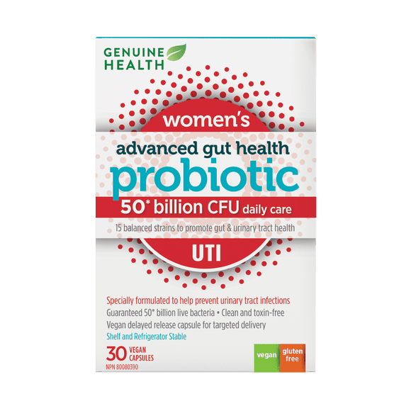Genuine Health Advanced Gut Health Gentle-Care Probiotic, 30 count, 15 Billion CFU, 15 diverse and balanced strains per capsule, Dairy, soy & gluten-Free, Non-GMO, Vegan