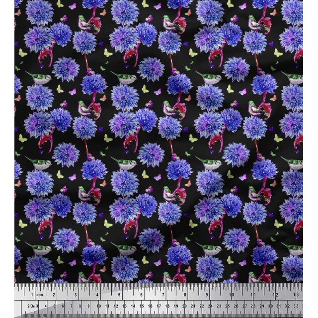Soimoi Purple Velvet Fabric American Robin,Insect & Flower Print Sewing Fabric BTY 58 Inch Wide