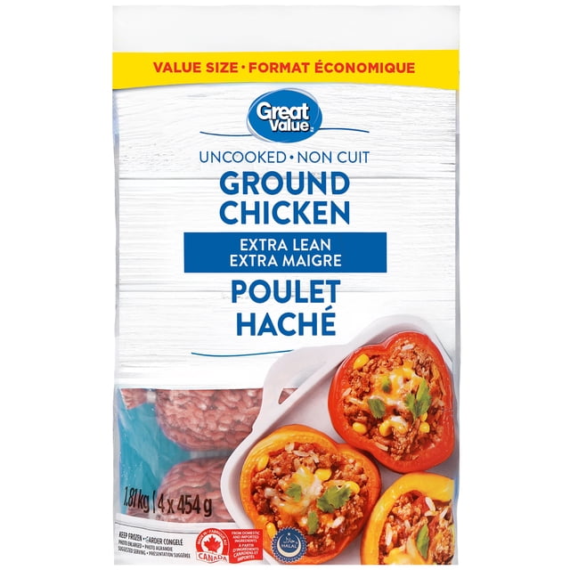 Great Value Poulet Haché Extra Maigre Surgelé en Format Économique de 1,81 kg, Ensemble Divisé en Quatre portions de 454 g, Non Cuit et Convenant à des Plats comme les tacos, la sauce pour Pâtes et les Poivrons Farcis, avec Texte Bilingue Anglais et Français.