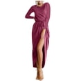 thumbnail image 1 of cfhntfmh Robes de Cocktail pour Femmes Automne Confortables Col Rond Manches Longues Longue Robe Maxi Douce Aguichant Ceinturée Fente Latérale Robe de Soirée, 1 of 1