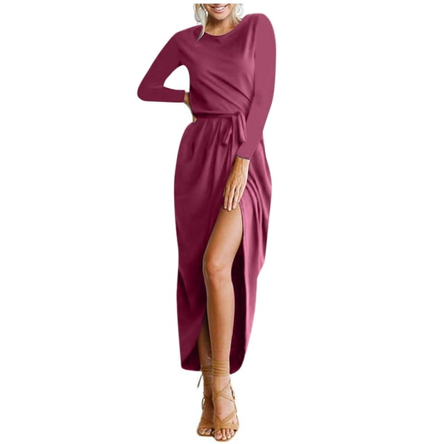 cfhntfmh Robes de Cocktail pour Femmes Automne Confortables Col Rond Manches Longues Longue Robe Maxi Douce Aguichant Ceinturée Fente Latérale Robe de Soirée