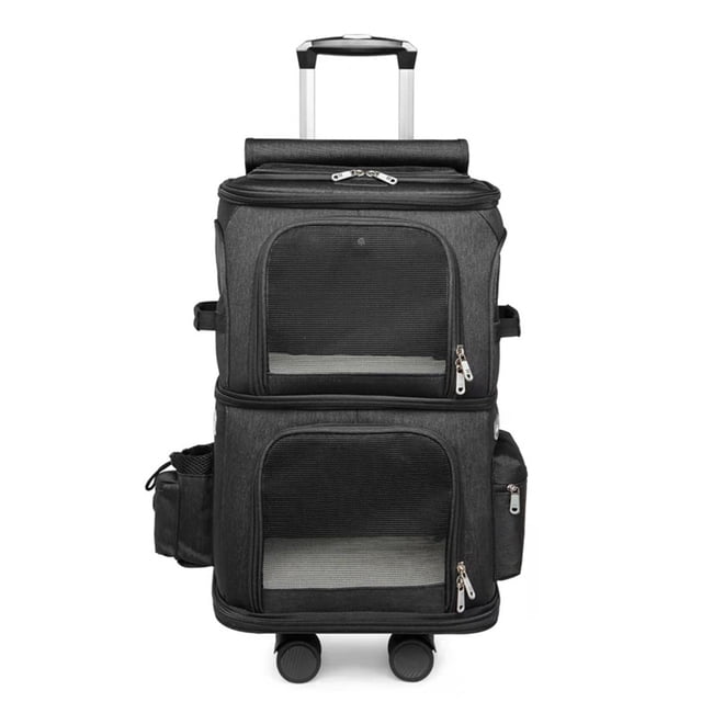 Double Compartment Pet Carrier Backpack with Trolley Wheels for Travel Walking