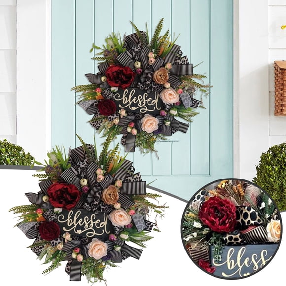 Couronne Florale de Printemps pour Porte d'Entrée avec Roses sur Base en Vigne de Raisin 16 Pouces Suspension Murale Saisonnière Style Ferme Pâques Décoration de Mariage pour Entrée avant Intérieure Extérieure