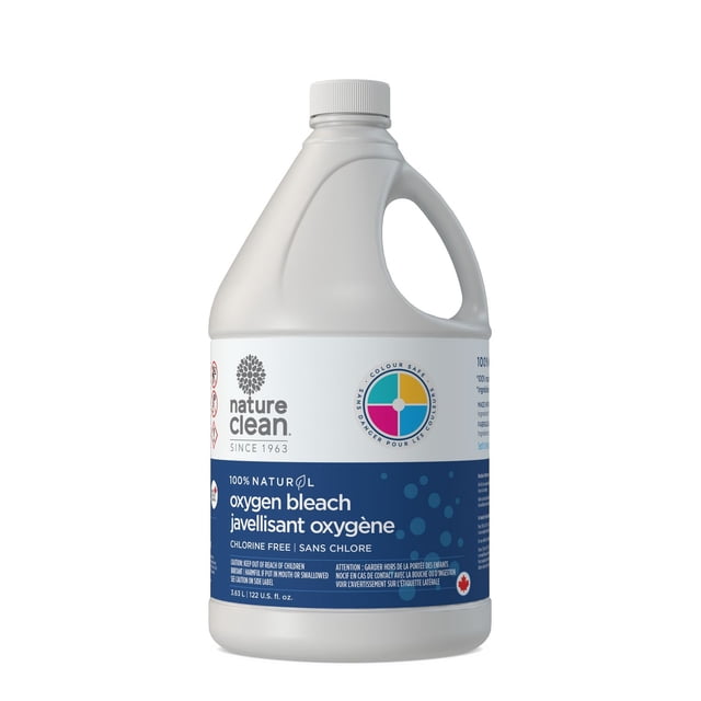 Nature Clean 100% Natural Oxygen Liquid Bleach 3.63L in a white plastic jug with handle and screw cap, labeled chlorine-free and colour safe oxygen bleach with bilingual English and French text and Canadian maple leaf, formulated for environmentally safe laundry whitening.