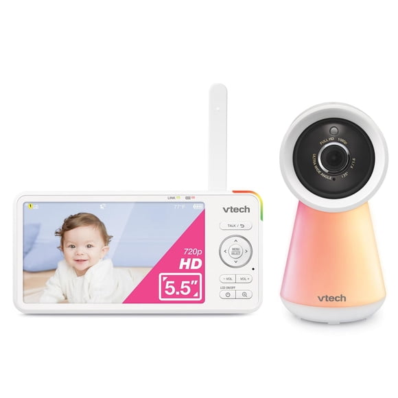 VTech RM6756HD Moniteur vidéo Wi-Fi à distance pour chambre de bébé avec écran 720p haute définition de 5,5 pouces, vision nocturne en couleur et veilleuse tactile, fonctionne avec iOS, Android, blanc