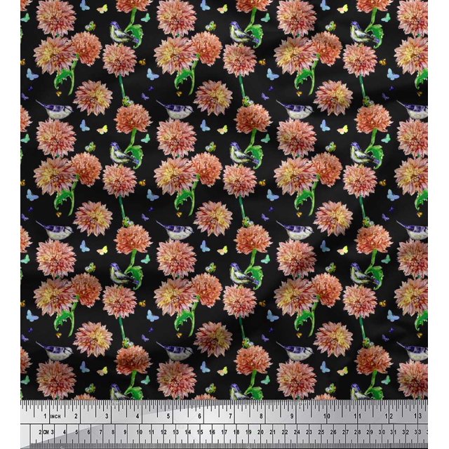 Soimoi Orange Rayon Fabric American Robin,Insect & Flower Print Sewing Fabric BTY 56 Inch Wide
