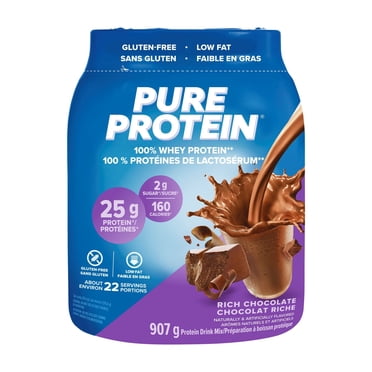 Poudre de protéine de lactosérum Pure Protein Chocolat Riche, Haute Protéine (25 g/par cuillère), Faible en sucre (2 g/par cuillère), Sans gluten - Formule à action rapide, 453g