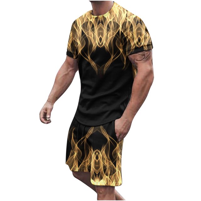 Men Print Short Sleeves Casual Beach Short Sleeve Round-Neck Blouses & Sets