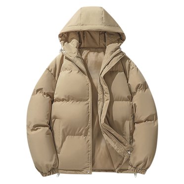 Pisexur Jackets for Men Comfortable Coats for Men Casual Hooded Solid Color Winter Warm Jacket Long Sleeve Parkas Khaki,M