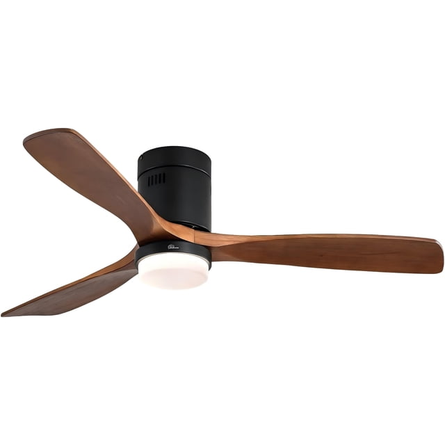 Sofucor Ventilateur de Plafond Encastré de 52 Pouces avec Lumière DEL Intégrée et Télécommande. Conçu avec une Finition Noir Mat, Trois Pales en Bois Massif et un Moteur CC Écoénergétique pour une Circulation d'Air Puissante. Comprend une Lumière DEL de 18 W à Intensité Réglable avec Température de Couleur Réglable et une Télécommande pour des Réglages de 6 Vitesses, une Minuterie et des Réglages de Lumière. Offre une Esthétique Rustique Moderne, Idéal pour les Pièces de Taille Moyenne à Grande avec des Plafonds Bas.