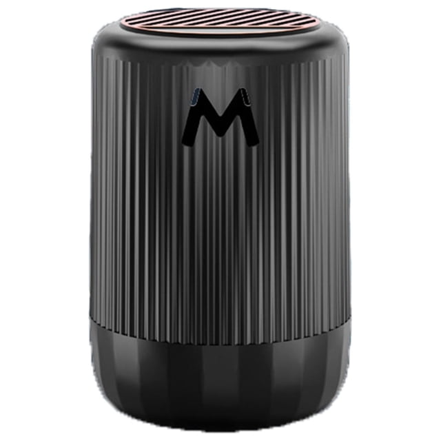 Car Cup Aromatherapy Solid Balm, a compact and stylish car air freshener designed for in-car use. The black cylindrical container features a ribbed texture and a sleek 'M' logo on the front. Ideal for providing long-lasting classic fragrances, it fits securely in a car cup holder and is easy to use. Suitable for cars, homes, and offices.