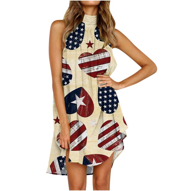 SMihono Robe Bohème d'Été pour Femmes Grande Taille Fête de l'Indépendance Mode pour Femmes Sans Manches Imprimée Col Rond Ample Robe Irrégulière pour Dames