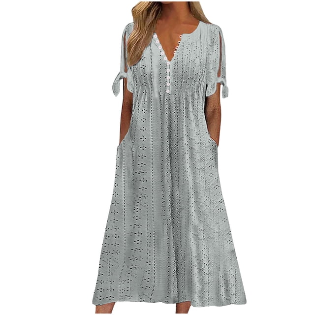 UPPADA Robes d'Été pour Femmes 2025 Vacances Tendance Maxi Robe d'Été Grande Taille Robes Décontractées Boutonnée Col en V Manches Courtes Robe avec Poches Vestidos Elegantes de Mujer Jour de Soldes