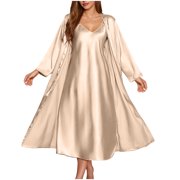 Satin Nightgown & Robe Set – V-Neck Silk Chemise with Belt for Luxurious Sleep & Bridal Wear