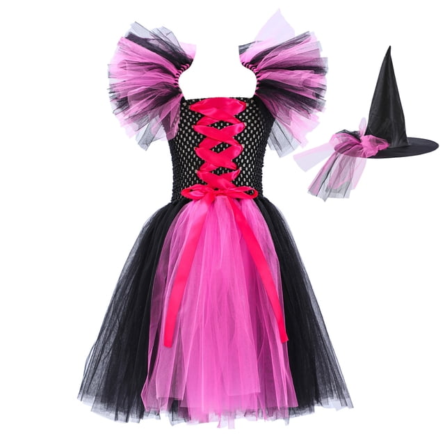 YOUSNH Halloween Tout-Petits Enfants Bébés Filles Magnifique Sorcière Robe Noire avec Chapeau Tutu Chic Déguisement Fête Tulle Robes Robes pour Filles B_002 10-12 Ans