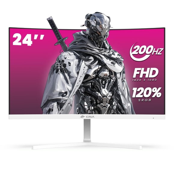 CRUA Moniteur de Jeu Incurvé 24 Pouces, Moniteur d'Ordinateur 165Hz/200Hz, FHD 1920x1080, 120 % sRGB, AMD FreeSync, Filtre à Lumière Bleue, pour Jeux et Bureau, Mur Mo